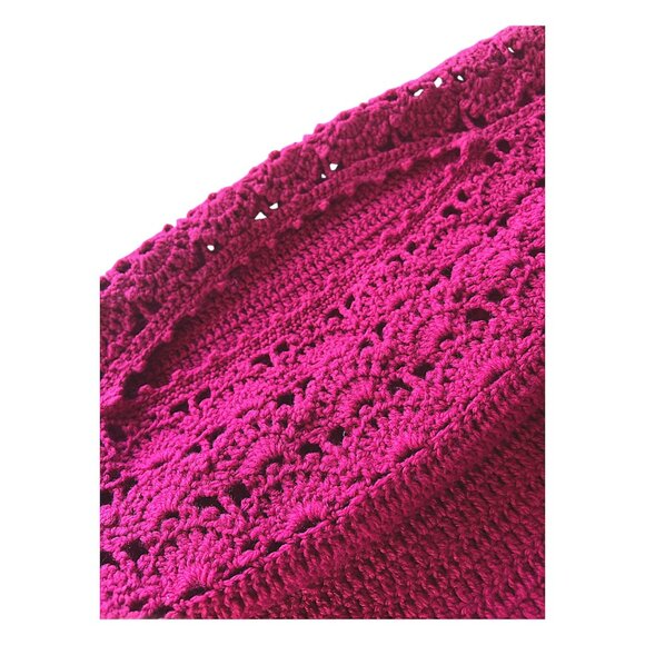 Handmade Knit Fuchsia  Pink Short Sleeve Holiday Cropped Sweater Christmas Small - Picture 4 of 6